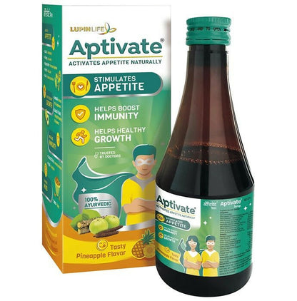 Aptivate 100% Ayurvedic pineapple syrup in a glass bottle, showcasing the natural ingredients and vibrant pineapple flavor.