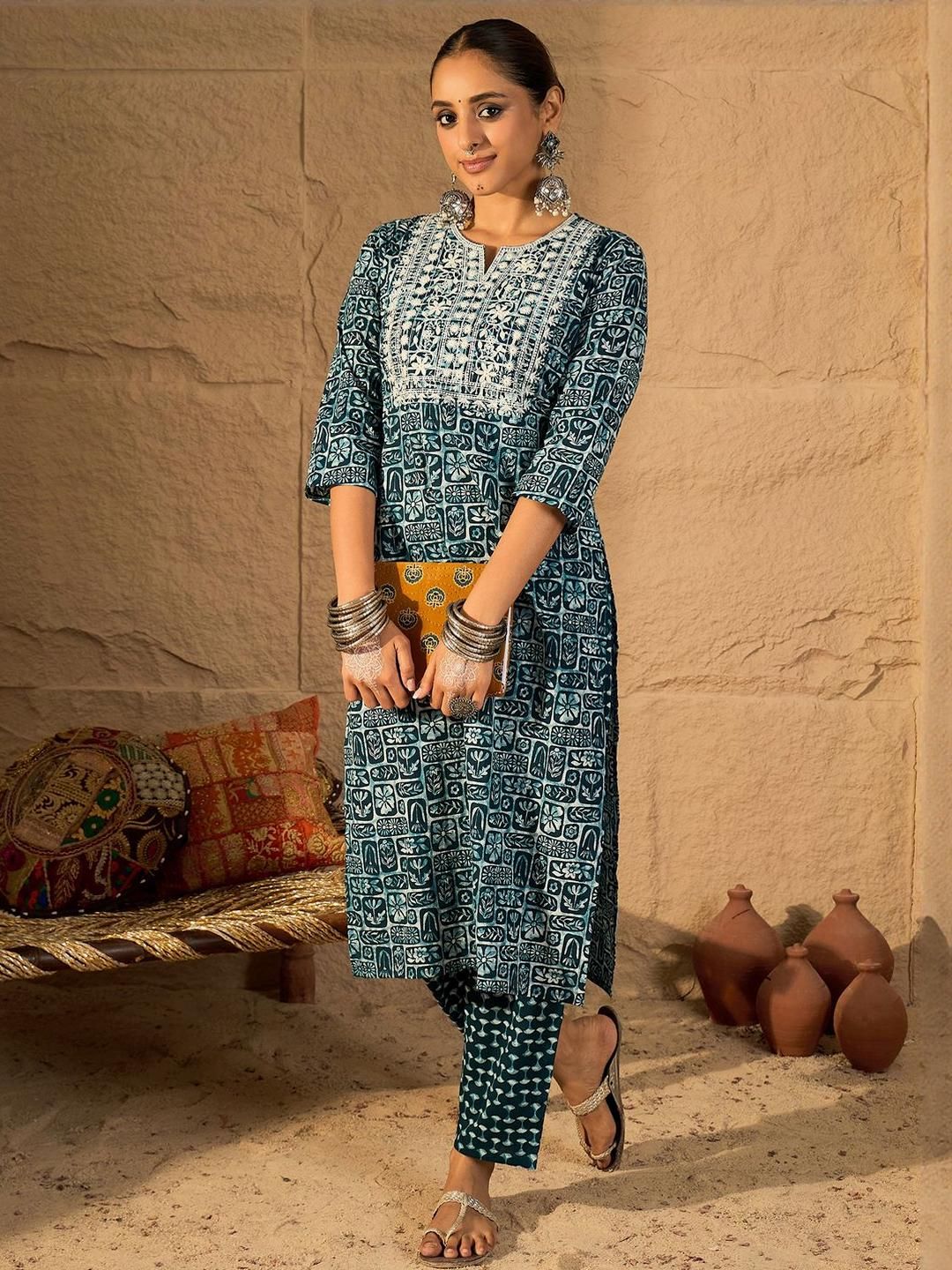Indyancart IE Embroidered Pure Cotton Tunic With Trouser