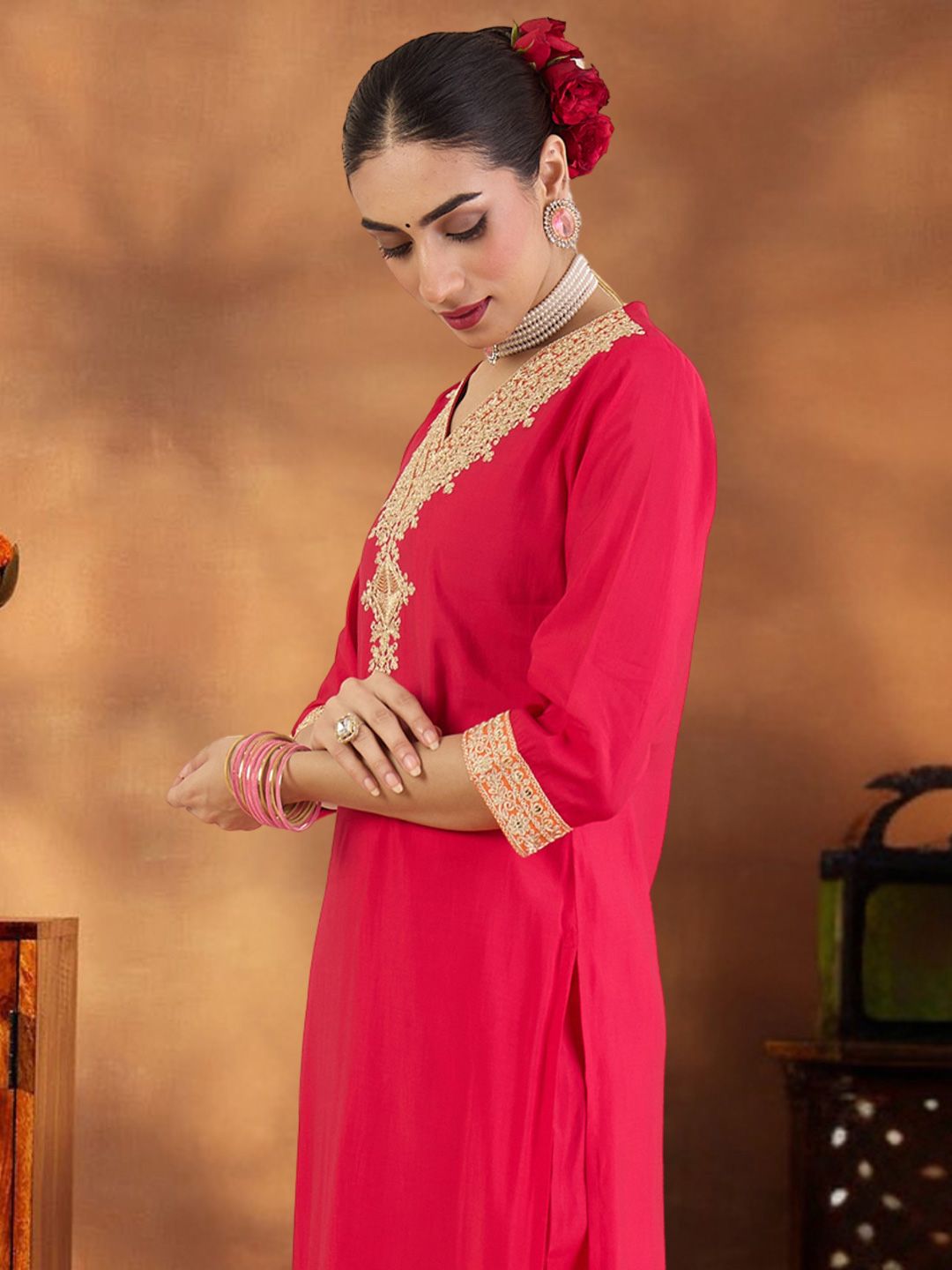 Women Ethnic Motifs Embroidered Regular Gotta Patti Kurta with Trousers