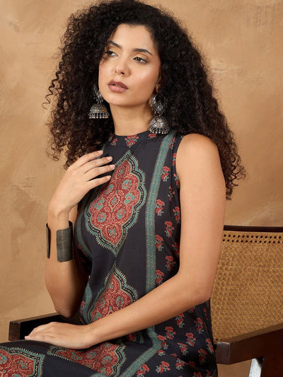 Indyancart VA Women'sFloral Printed Sleeveless Straight Kurta With Trousers