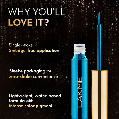 Lakme Glitterati Collection Shine Eyeliner in Daring Blue, liquid eyeliner with a vibrant blue color and glossy finish.