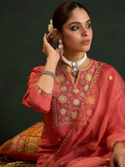 Indyancart IE Orange Floral Embroidered Notch Neck Straight Kurta with Trousers & Dupatta