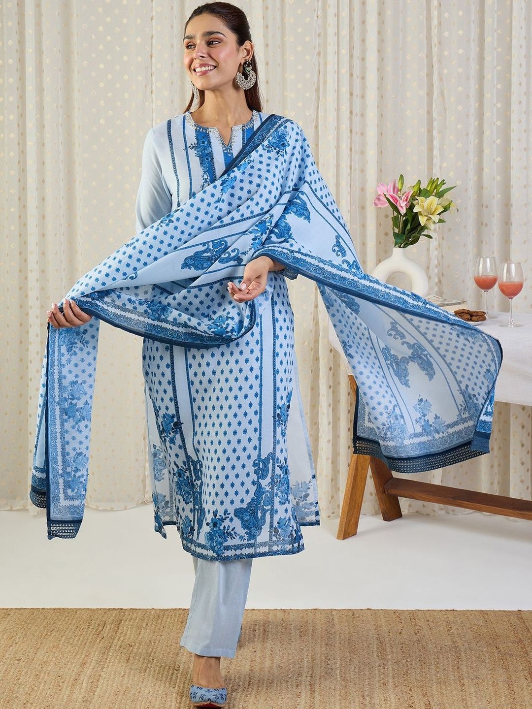 Ethnic Motifs Printed Notch Neck Thread Work Pure Cotton Kurta Trousers & Dupatta