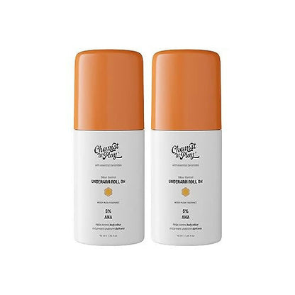 Chemist at Play UnderArm Roll-On cream, fragrance-free, with smooth skin and brightening effects visible on underarm area.