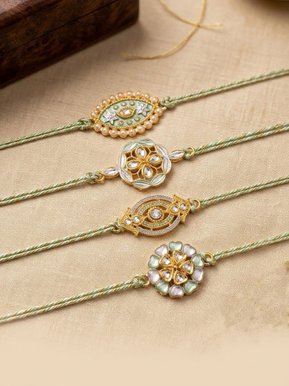 Anouk Set Of 4 White Artificial Stones & Green Thread Rakhi