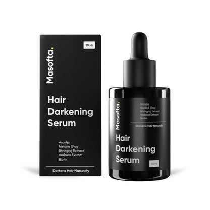 Masofta Anti Grey Hair Darkening Serum bottle shown, a hair serum designed to reduce grey hair and enhance natural hair color.