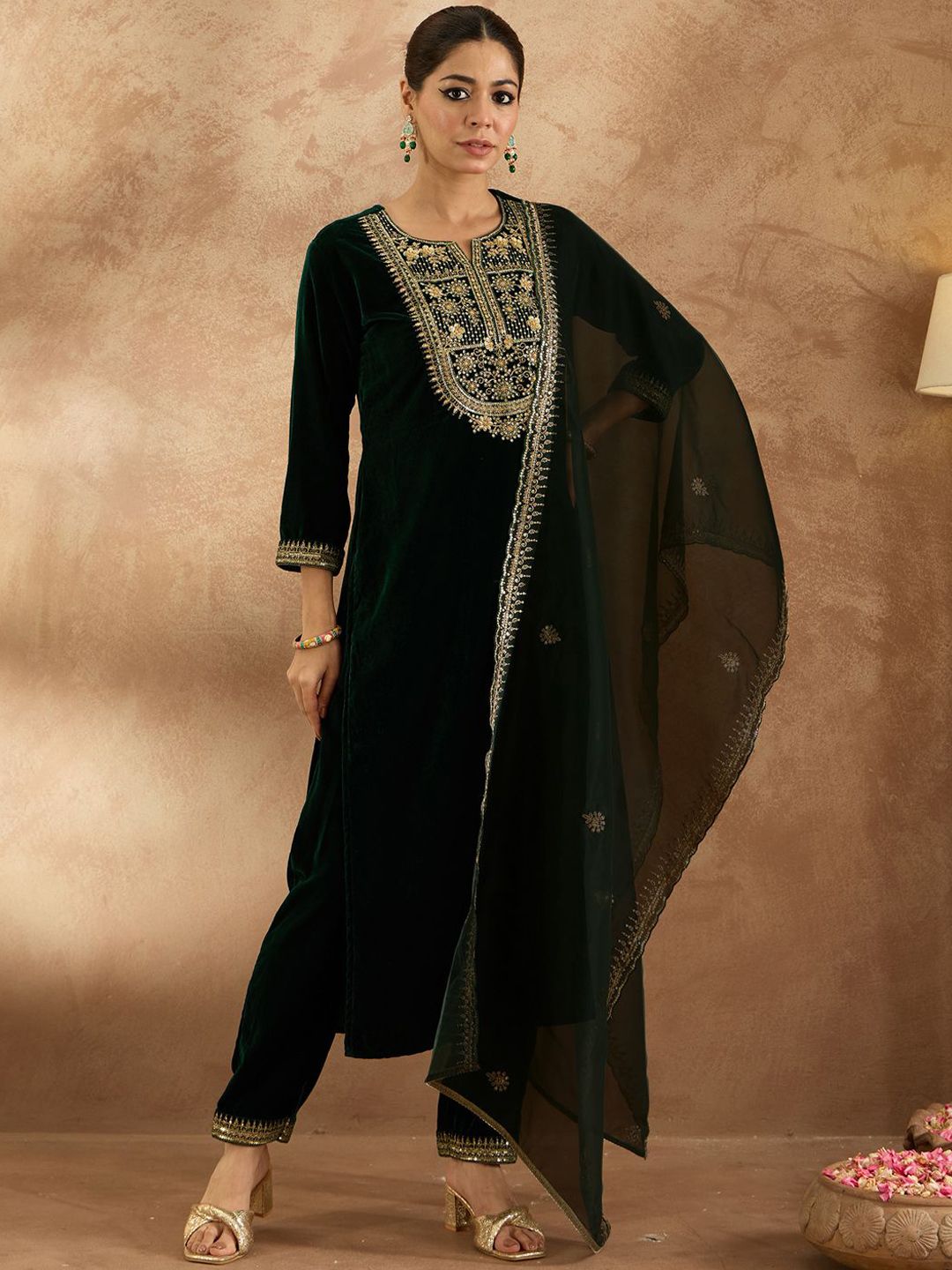 Indyancart IE Women Ethnic Motifs Embroidered Regular Velvet Kurta with Trousers & With Dupatta