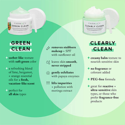 Farmacy Clearly Clean Makeup Meltaway Cleansing Balm in a jar, used for gentle face cleansing and makeup removal.