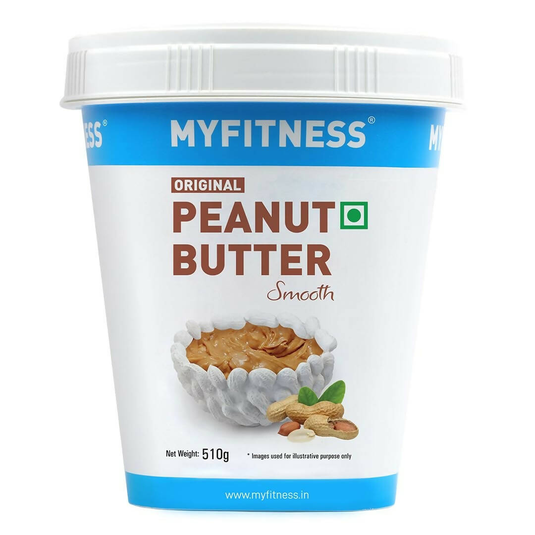 Smooth Myfitness Original Peanut Butter spread in a jar, showcasing its creamy texture and natural peanut color.