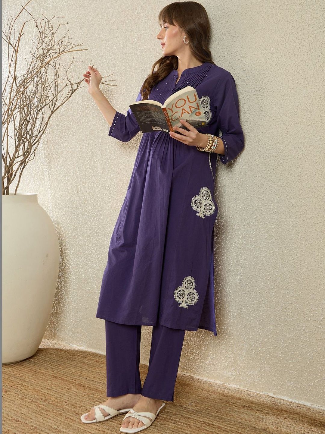 Women Ethnic Motifs Embroidered Panelled Thread Work Pure Cotton Kurta with Trousers