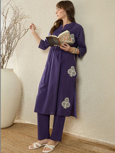 Indyancart IE Women Ethnic Motifs Embroidered Panelled Thread Work Pure Cotton Kurta with Trousers