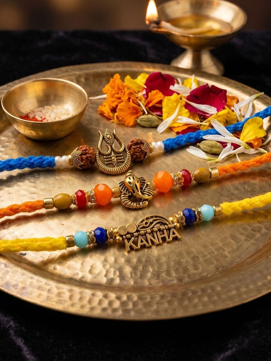 Anouk Set Of 3 Rudraksh Religious Rakhi Thread Rakhi Roli Chawal Chandan Mishri