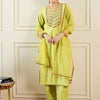 Indyancart IE Geometric Embroidered Thread Work Liva Straight Kurta With Trousers & Dupatta