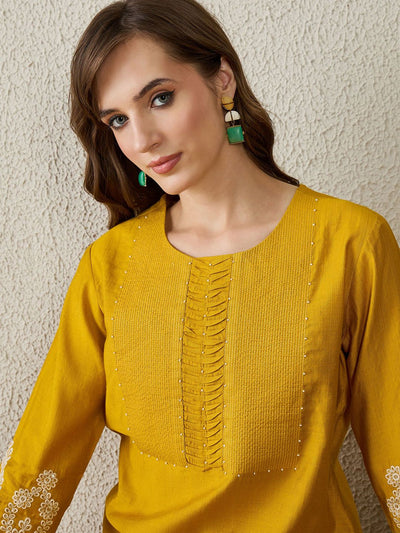 Indyancart IE Women Mustard Ethnic Motifs Embroidered Regular Straight Kurta Sets