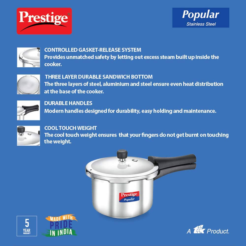 Prestige Popular Stainless Steel Pressure Cooker, Silver Color