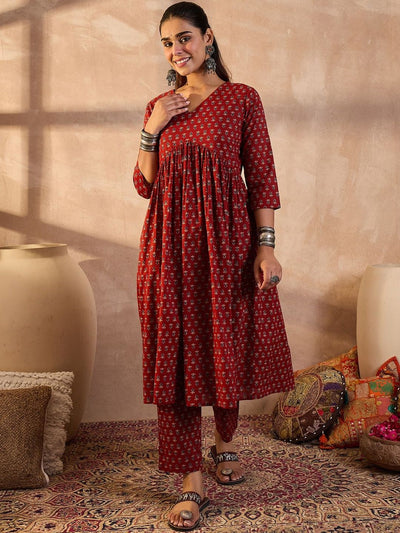 Indyancart IE Ethnic Motifs Printed A-Line Pure Cotton Kurta With Trousers