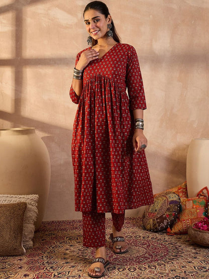 Ethnic Motifs Printed A-Line Pure Cotton Kurta With Trousers