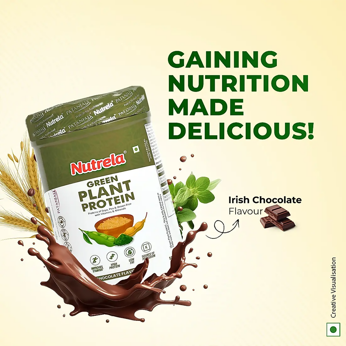 Patanjali Nutrela Green Plant Protein Ayurvedic powder in chocolate flavor, showcasing the product’s packaging and label.