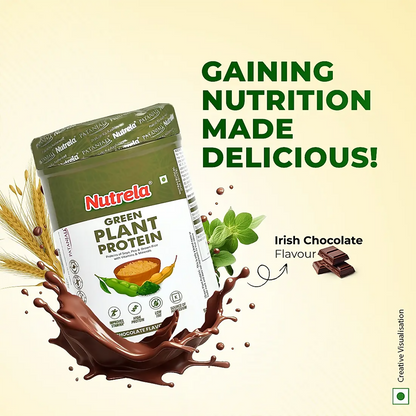 Patanjali Nutrela Green Plant Protein Ayurvedic powder in chocolate flavor, showcasing the product’s packaging and label.