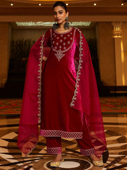 Floral Yoke Design Sequinned Velvet Straight Kurta With Trousers & Dupatta