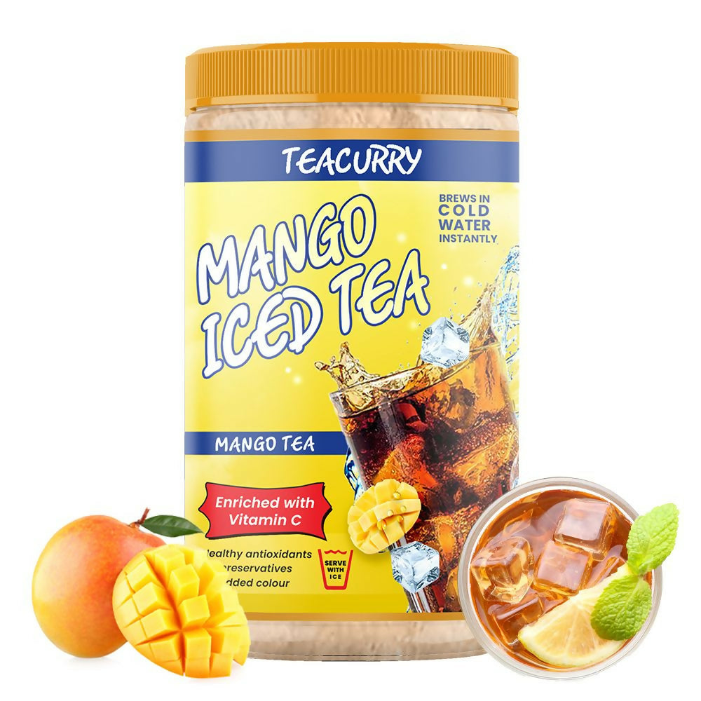 Teacurry Mango Instant Iced Tea Mix powder in a clear jar, showing vibrant orange mango flavor and tea powder inside.