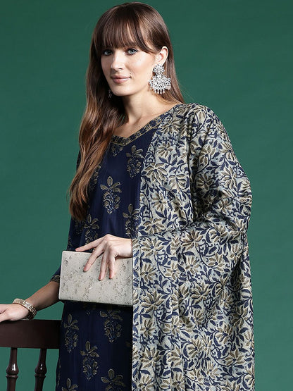 Indyancart IE Floral Printed Straight Pure Cotton Kurta with Salwar & Dupatta