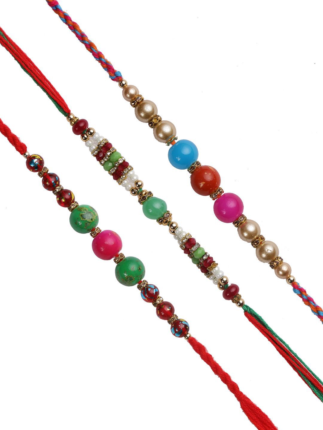 Anouk Red Set Of 3 Stone Studded & Beaded Thread Rakhi With Roli Chawal & Greeting Card