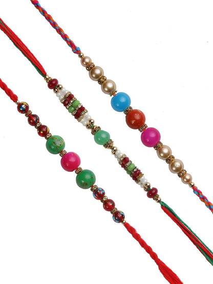 Anouk Red Set Of 3 Stone Studded & Beaded Thread Rakhi With Roli Chawal & Greeting Card