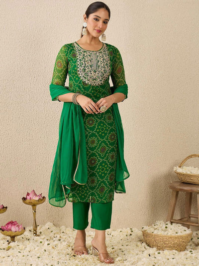 Indyancart IE Women's Bandhani Printed Thread Work Straight Kurta With Trousers & Dupatta