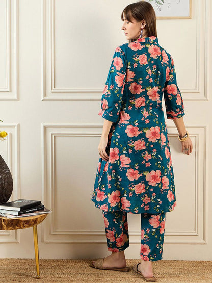 Dhiyona IE Floral Printed V-Neck Straight Tunic With Trousers