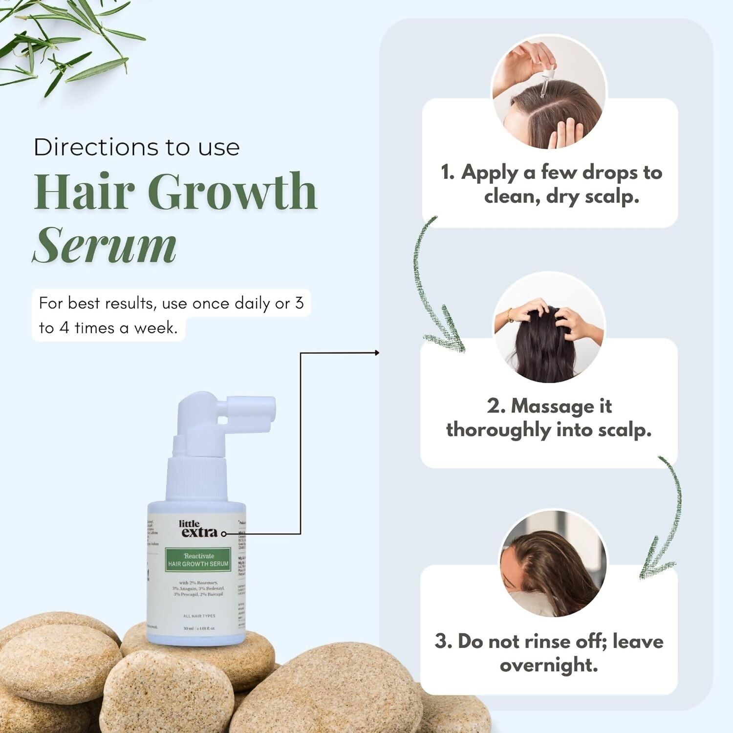 Little Extra Reactivate Hair Growth Serum bottle with dropper applicator, designed for nourishing hair and promoting growth.