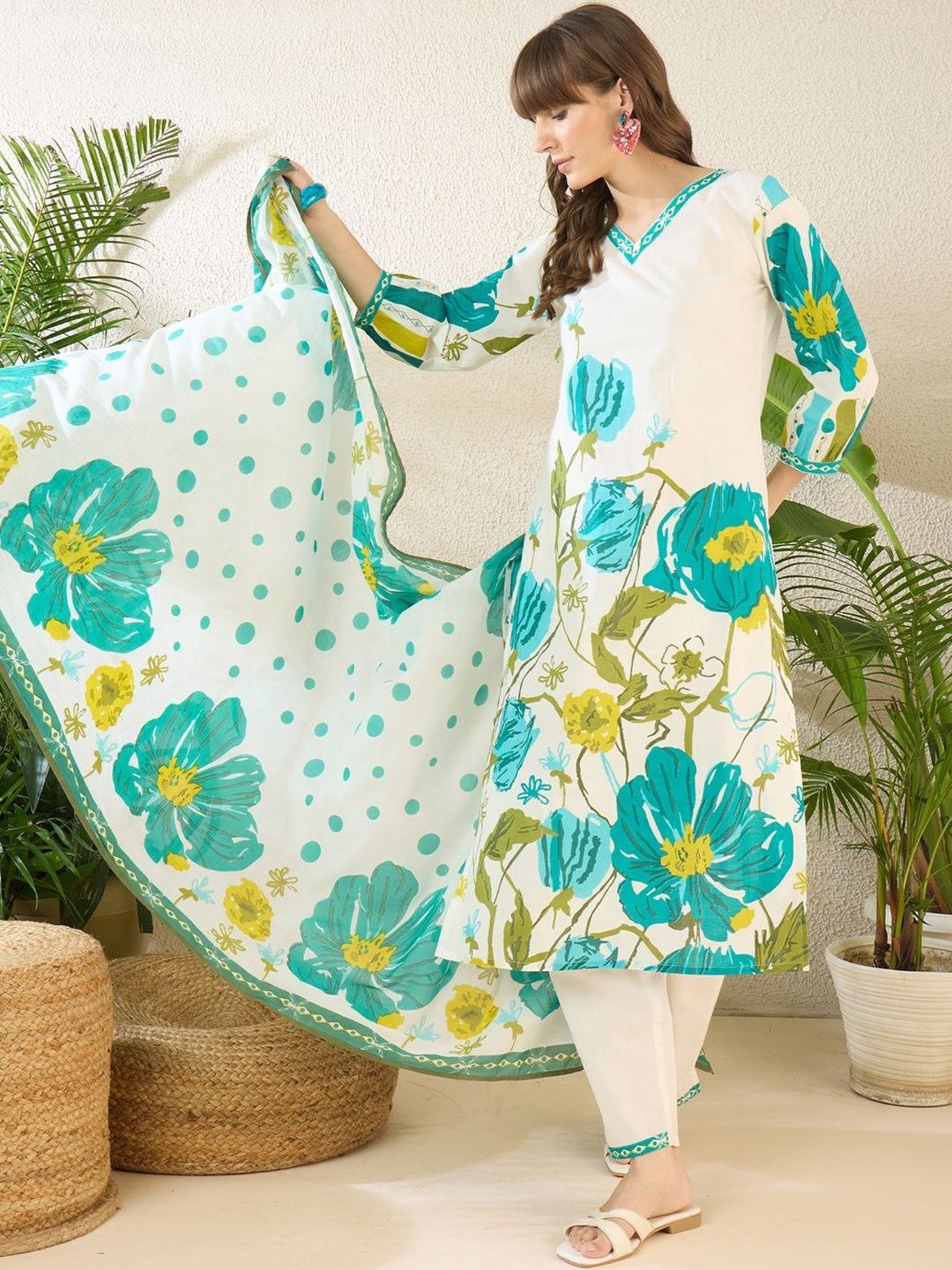 Floral Printed V-Neck Regular Pure Cotton Straight Kurta With Trousers & Dupatta