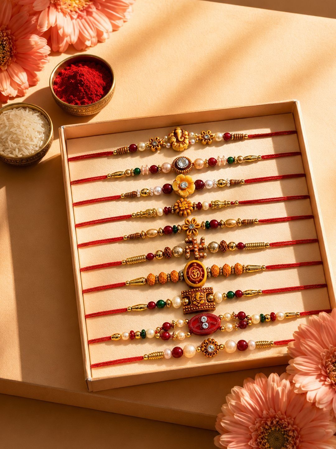 Anouk Set Of 10 Artificial Stones & Beads Thread Rakhi With Roli Chawal Chandan Mishri