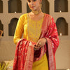 Dhiyona IE Women's Floral Yoke Design Round Neck Zari Straight Kurta & Trousers With Dupatta