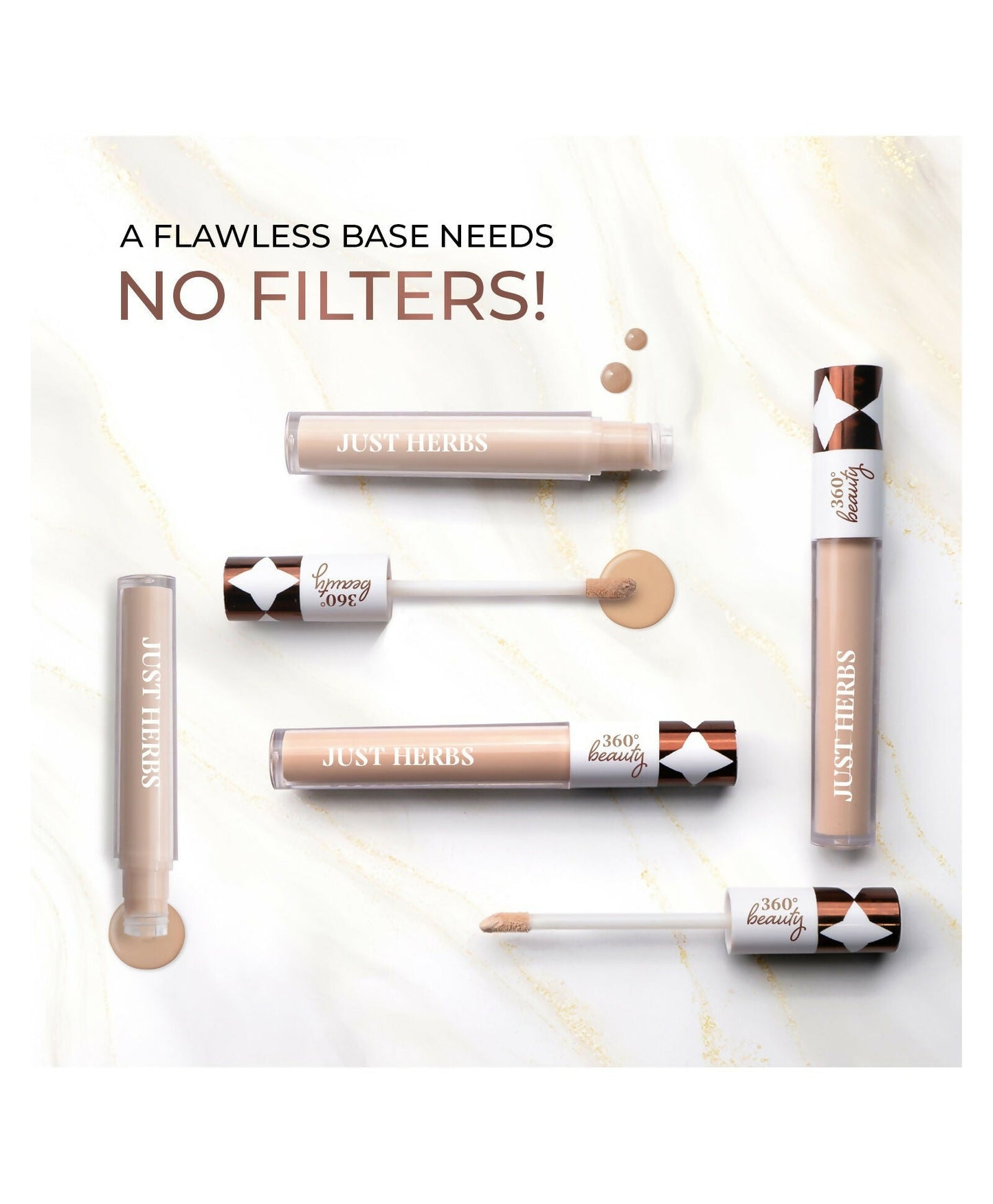 Just Herbs full cover concealer in shade 06 Beige with Kumkumadi and rice starch, shown with the concealer tube and applicator.