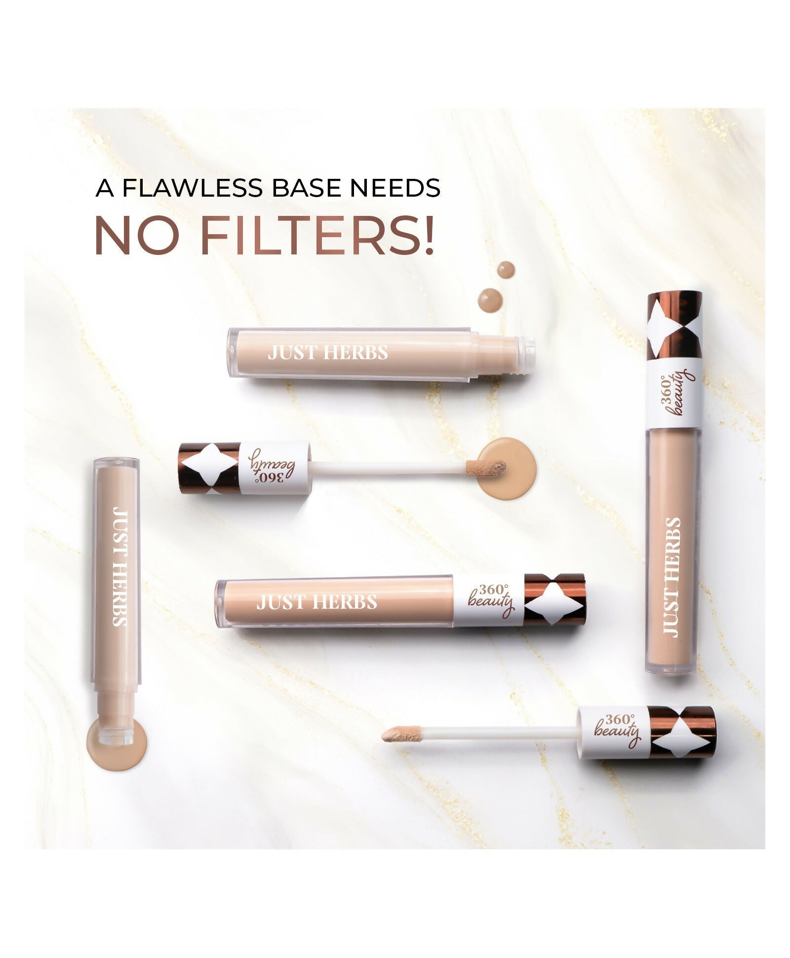 Just Herbs full cover concealer in shade 06 Beige with Kumkumadi and rice starch, shown with the concealer tube and applicator.