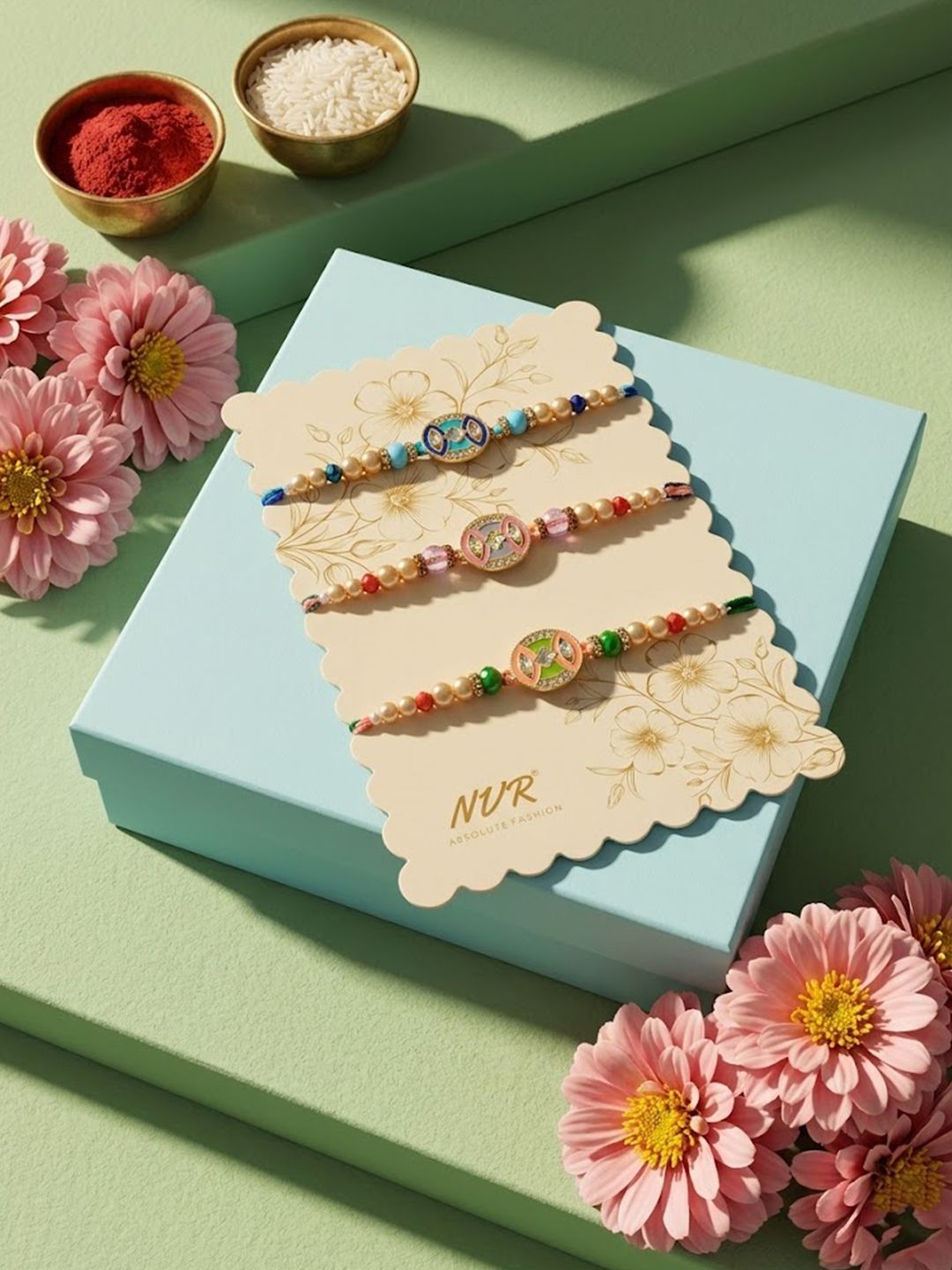 Anouk Set Of 3 Multicolor Artificial Stones & Beads Thread Rakhi With Roli Chawal Chandan