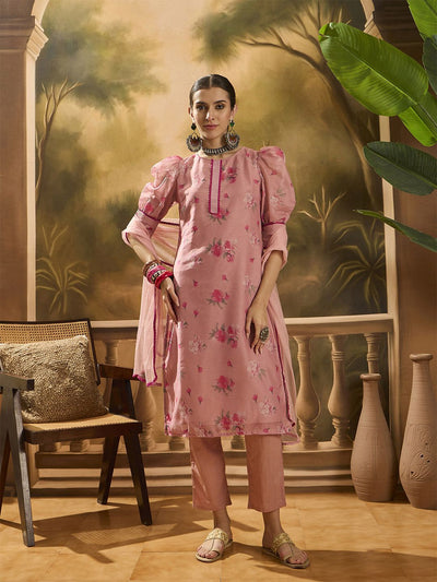 Indyancart SN Women's Floral Printed Puffed Sleeves Chanderi Silk Straight Kurta With Trousers & Dupatta
