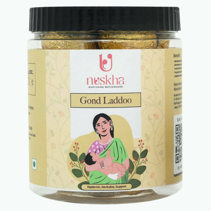 Nuskha Gond Laddoo, North Indian sweet made with gond and nuts, traditional post-pregnancy snack, shown in a bowl.