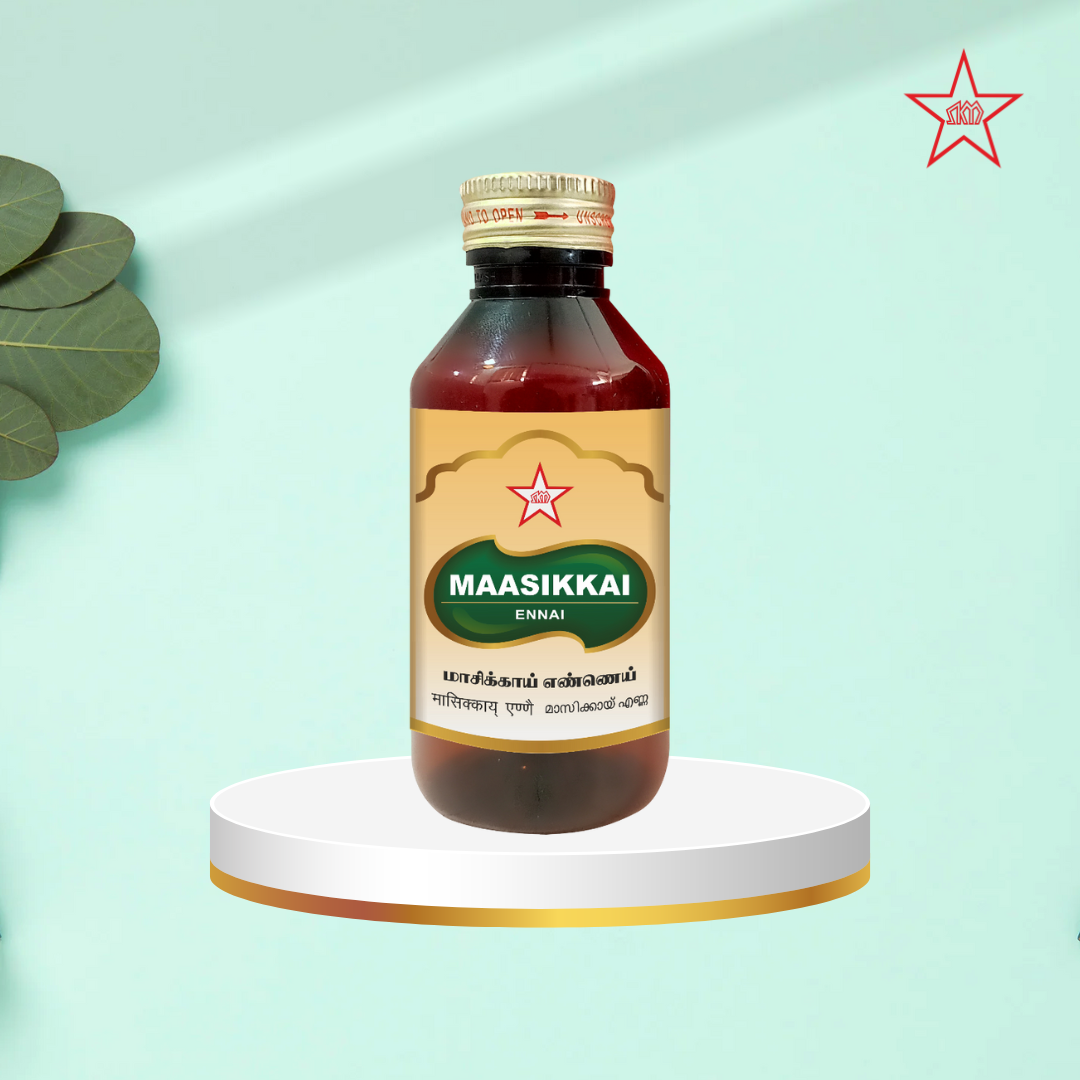 Skm Ayurveda Masikkai Eannai Ayurvedic syrup bottle with label, natural herbal remedy for health and wellness.
