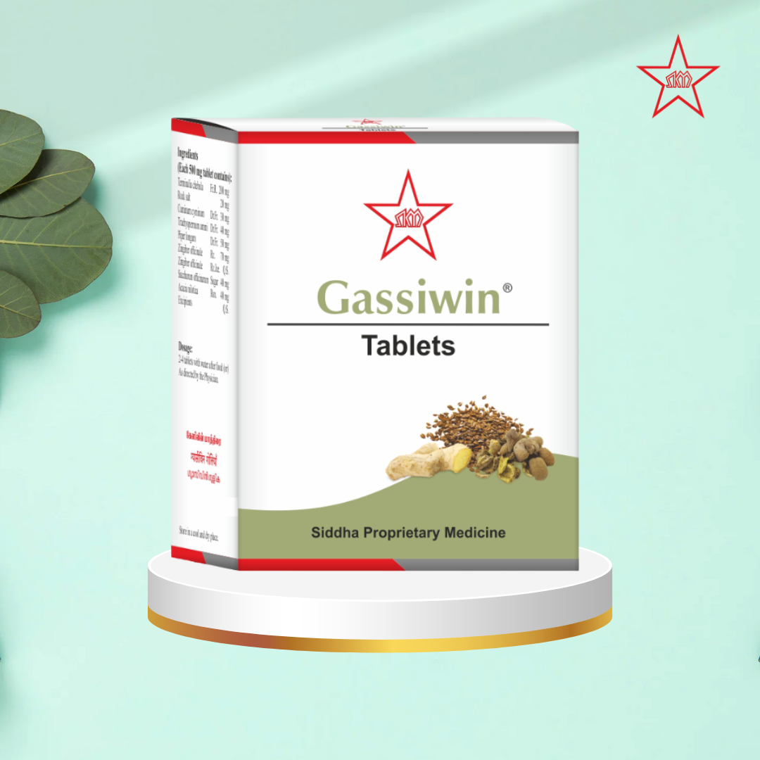 Skm Ayurveda Gassiwin Tablet bottle with label, showcasing Ayurvedic tablets in a clear container.