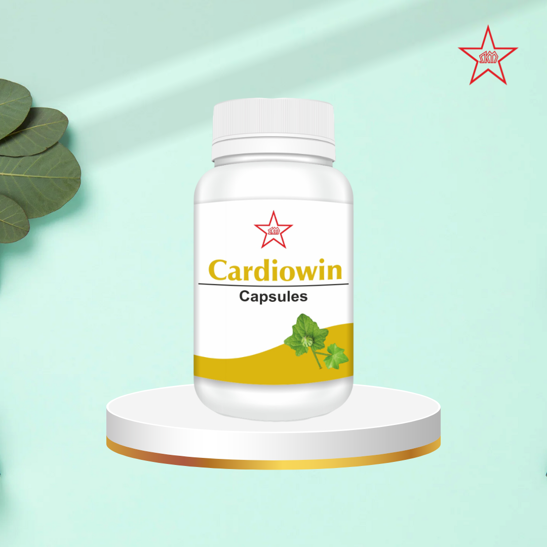 Skm Ayurveda Cardiowin capsules in a bottle, featuring Ayurvedic herbal supplement for heart health.