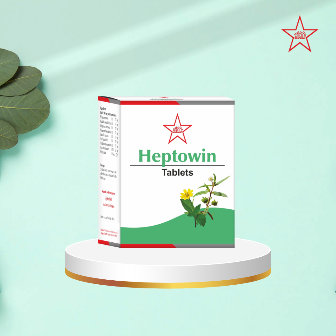 Skm Ayurveda Heptowin Ayurvedic tablets in a white bottle with a label, displayed on a plain background.