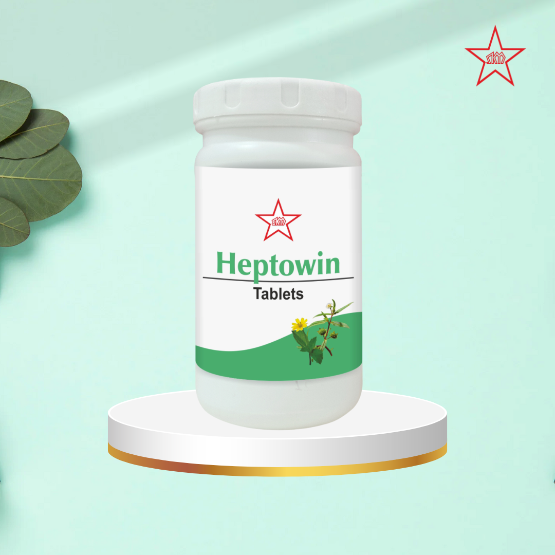 Skm Ayurveda Heptowin Ayurvedic tablets in a bottle, natural herbal supplement for health and wellness.