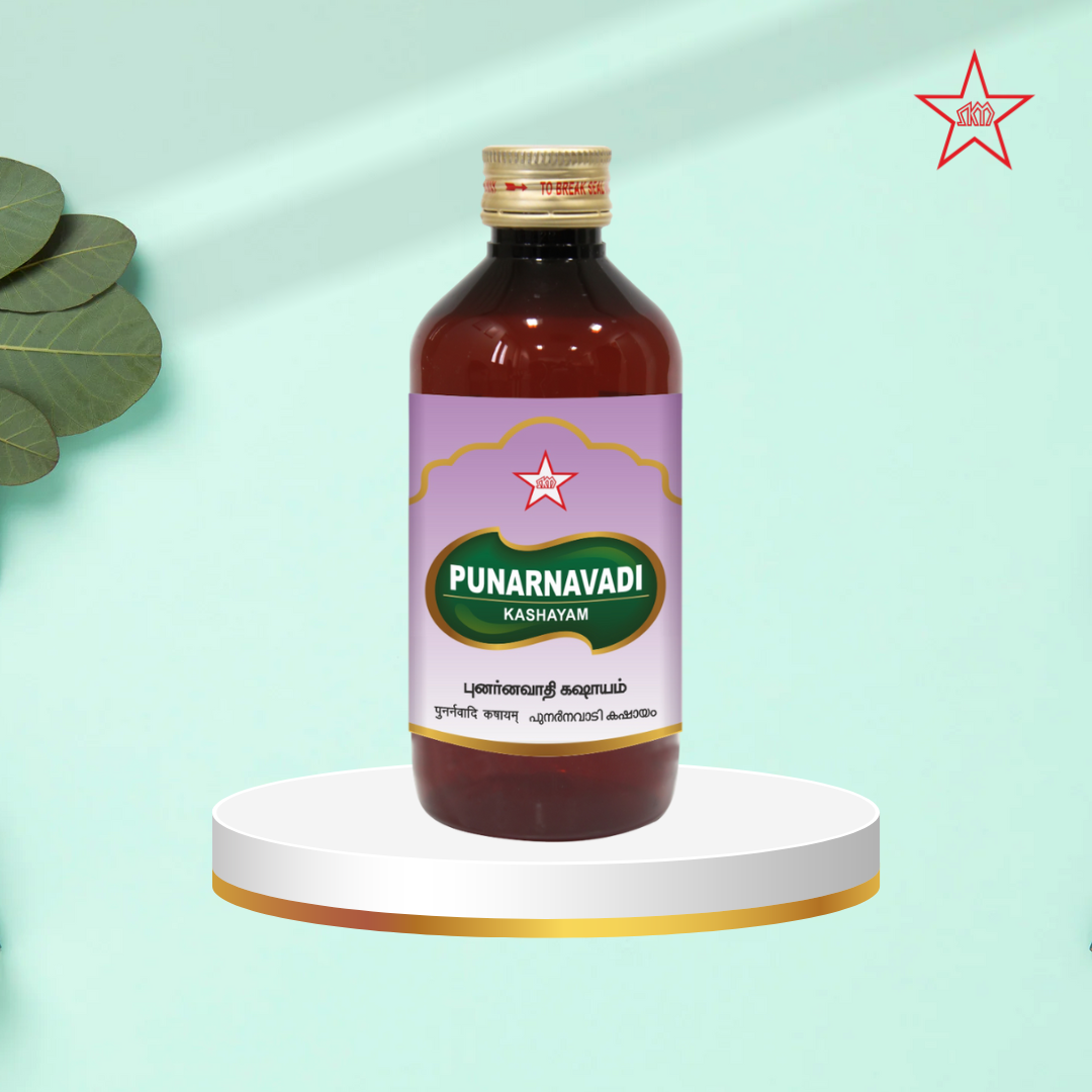 Skm Ayurveda Punarnavadi Kashayam Ayurvedic syrup bottle with label and measuring cup on a wooden surface.