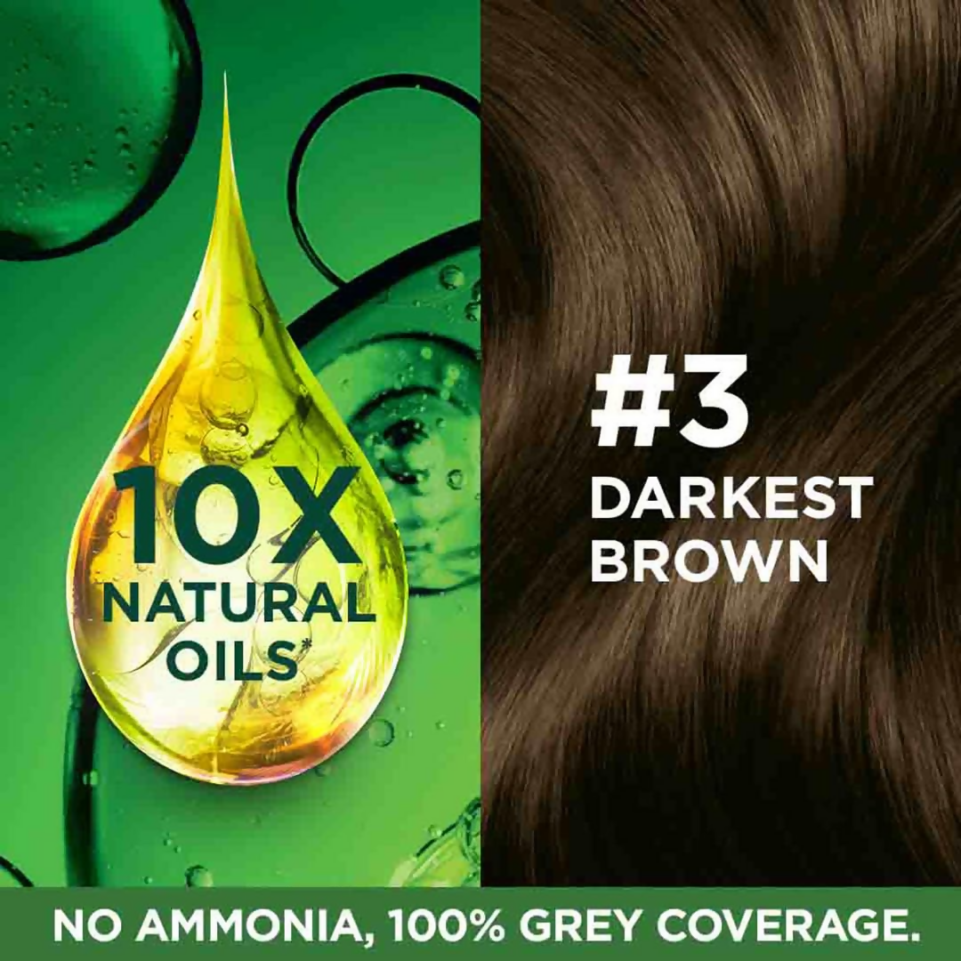 Garnier Color Naturals Creme Riche Hair Color in Shade 3 Darkest Brown, showing a tube of hair dye and color swatch