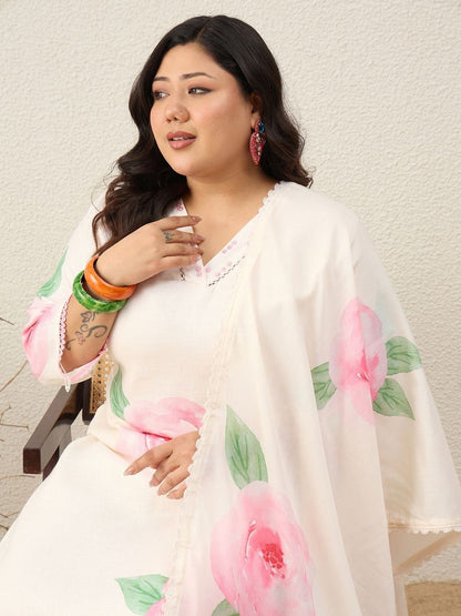 Indyancart Women's Floral Printed Regular Linen Kurta with Trousers & With Dupatta
