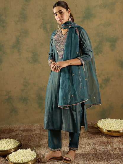 Indyancart IE Ethnic Motifs Embroidered Liva Straight Kurta With Trousers & Dupatta