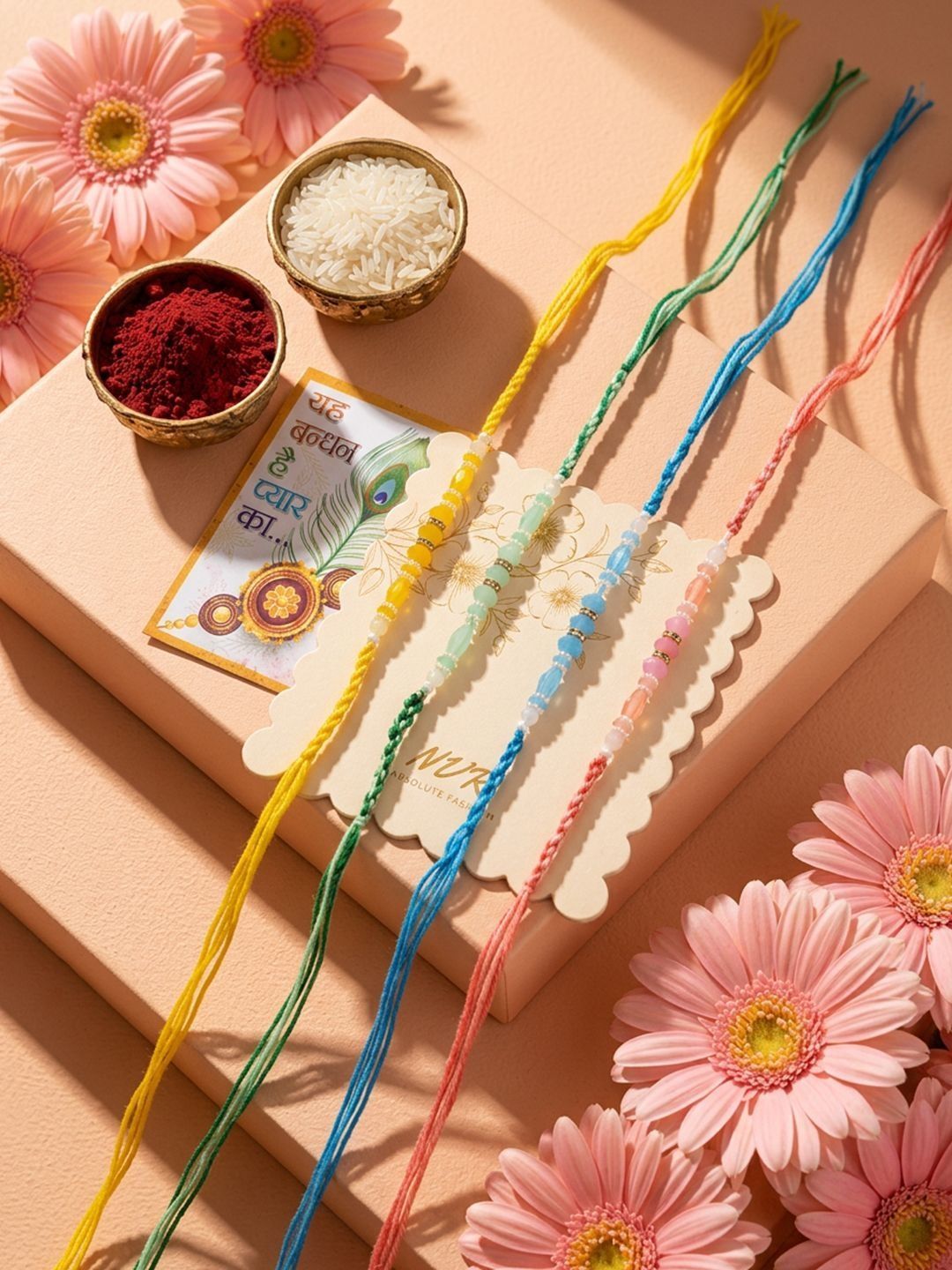 Anouk Set Of 4 Multicolor Artificial Beads Thread Rakhi With Roli Chawal Chandan Mishri