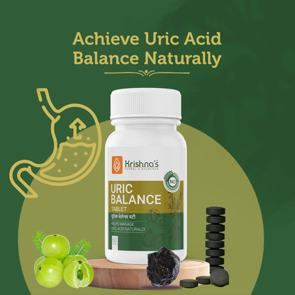 Krishna's Herbal & Ayurveda Uric Balance Tablets in a bottle, natural Ayurvedic supplement for uric acid management.